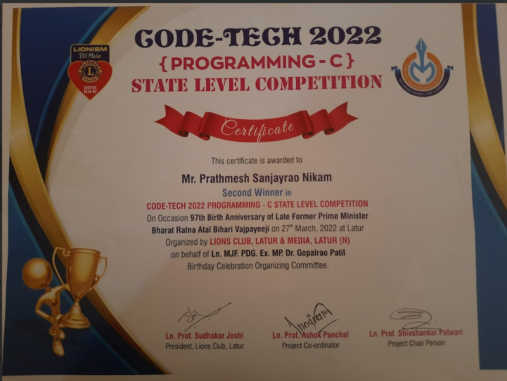 State-Level C Programming Competition ( 2nd Winner )